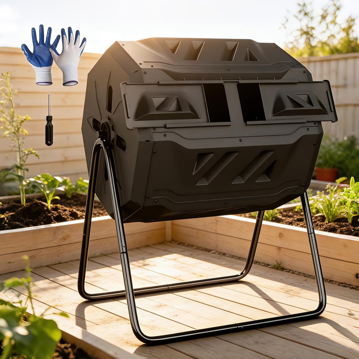 F2C Compost Bin Outdoor 43 Gallon Garden Dual Chamber Composter Bin – Bundled with Pearson’s Gardening Gloves, BPA Free, Heavy-Duty Steel Frame, Rotating Tumbler with Sliding Doors -Black