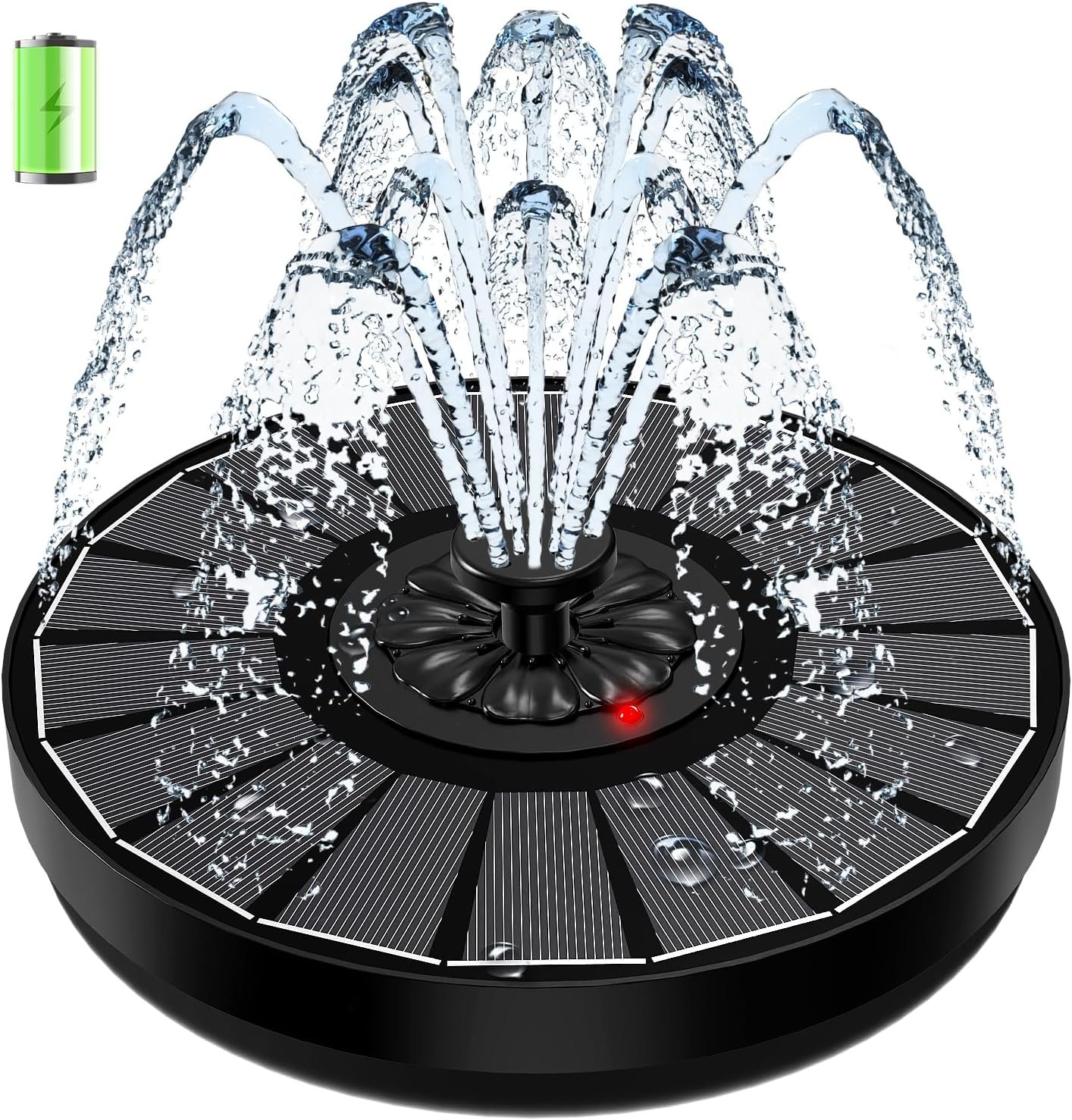 Solar Fountain Work On Cloudy Day,Solar Water Bird Bath Fountain with Faster Conversion Glass Solar Panel and Power Indicator,Built-in 2000mAh Battery,Outdoor Garden Decor(Black Panel)
