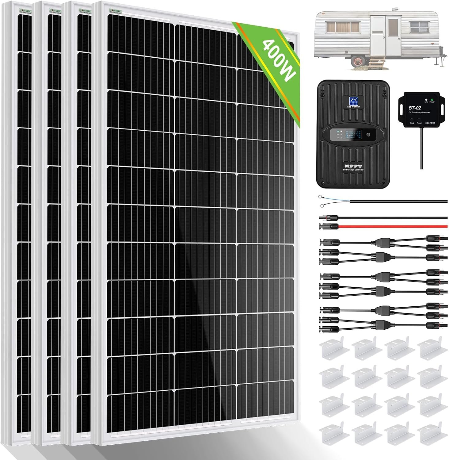 ECO-WORTHY 400 Watt 12 Volt Premium Solar Panel Kit :4pcs 100W Solar Panel+ 40A MPPT Charge Controller+ Bluetooth Module+ Mounting Z Brackets, 400W 12V Solar Power Off Grid System for Home, RV, Boat. | 4pcs 100W N-Type Solar Panel+ 40A MPPT Charge Controller+ Bluetooth Module+ Mounting Z Brackets, for RV, Camper, Vehicle