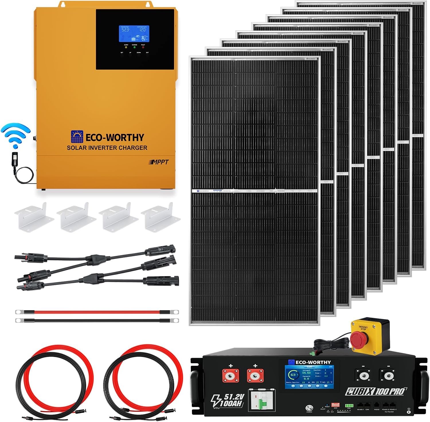 ECO-WORTHY 48V Off Grid Solar System Complete Kit 1600W 6.24KWH Solar Panel Kit for Home：8pcs 195W N-Type Bifacial Solar Panels,48V 100Ah Pro LiFePO4 Server Rack Battery with LED,3500W Solar Inverter