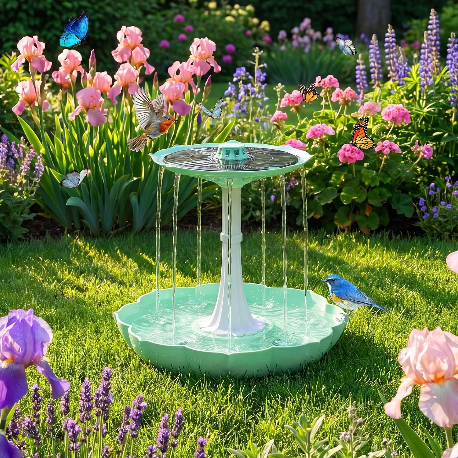 Solar Power Bird Bath Fountains Pump, Blue 2-Tier Cascade Water Feature for Outdoor Garden, Outside Pedestal Birdbath Kit for Yard Decoration & Wild Birds Feeding