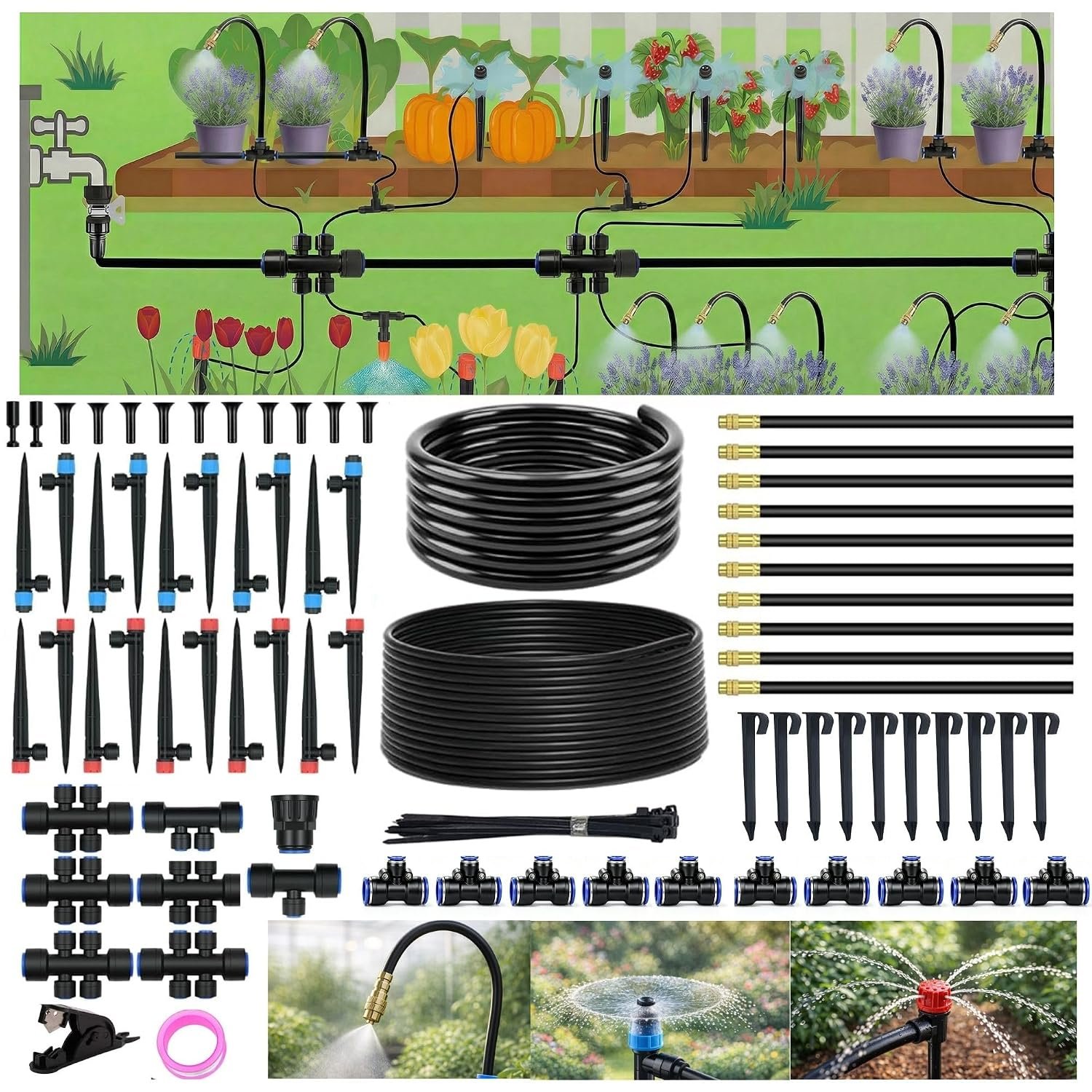 240FT Drip Irrigation System for Garden: Quick Connect 1/2″ OD 5/16″ ID PE Main Tubing Automatic Sprinkler Kit Adjustable Misting Part 1/4″ Watering Hose for Outdoor Raised Bed Plants Flower Yard