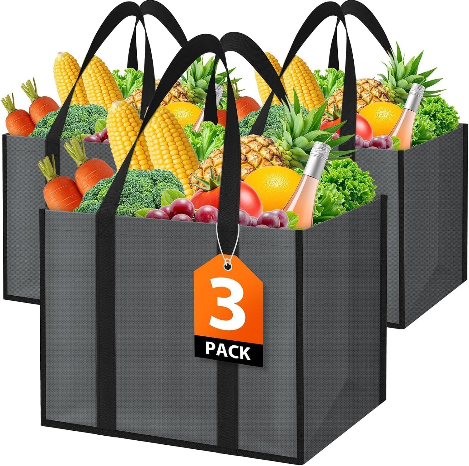 WISELIFE Reusable Grocery Bags, Foldable, Lasting Use, 35L, 3 Pack, Gray | Large Shopping Bags with Reinforced Stitching, Water-Resistant Grocery Totes for Kitchen, Market, Car Trunk, Picnic