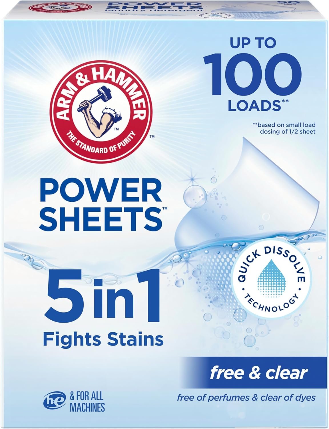 ARM & HAMMER 5in1 Power Sheets Laundry Detergent, Free & Clear, 50 Count | No Dyes or Perfumes, Dermatologist Tested, Quick-Dissolve Sheets, Up to 100 Small Loads, Zero Plastic Bottle Waste