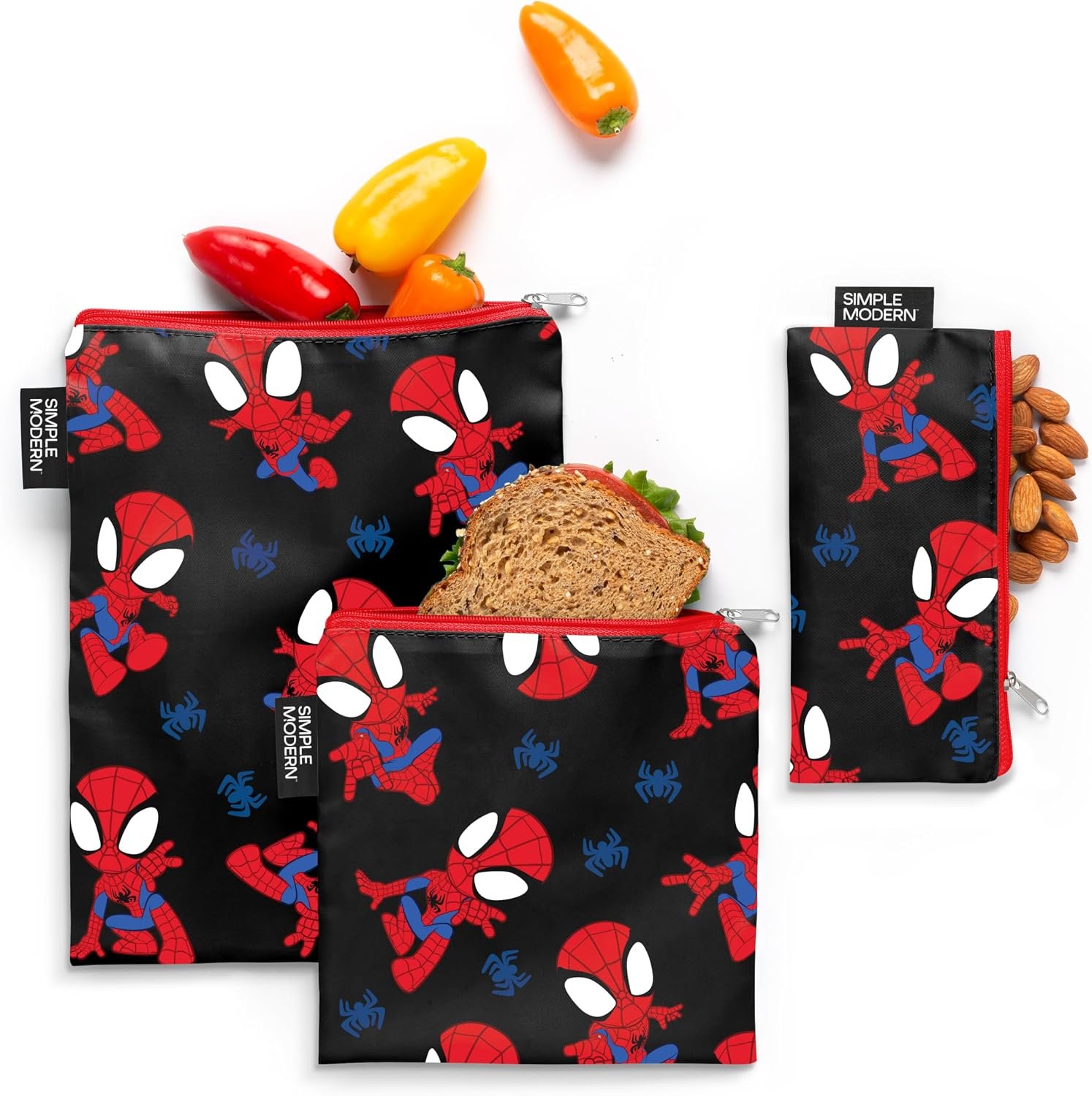 Simple Modern Reusable Snack & Sandwich Bags | 3 Pack Kids | Marvel Spidey | Ellie Reusable Snack Pouch Set | Machine Washable, Water Resistant | Made Without BPA | Spider-Man, Go Spidey Go
