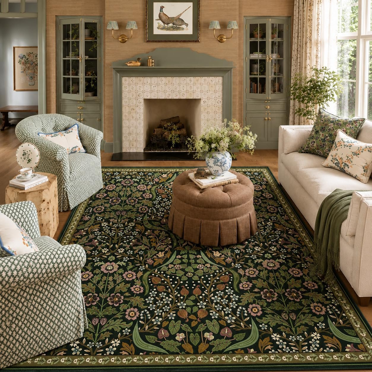 Moynesa Floral Washable 5×7 Rug, Green Area Rugs for Living Room, Non Slip Boho Dining Room Rug Under Table, Botanical Ultra Thin Floor Carpet for Bedroom Home Office, Green
