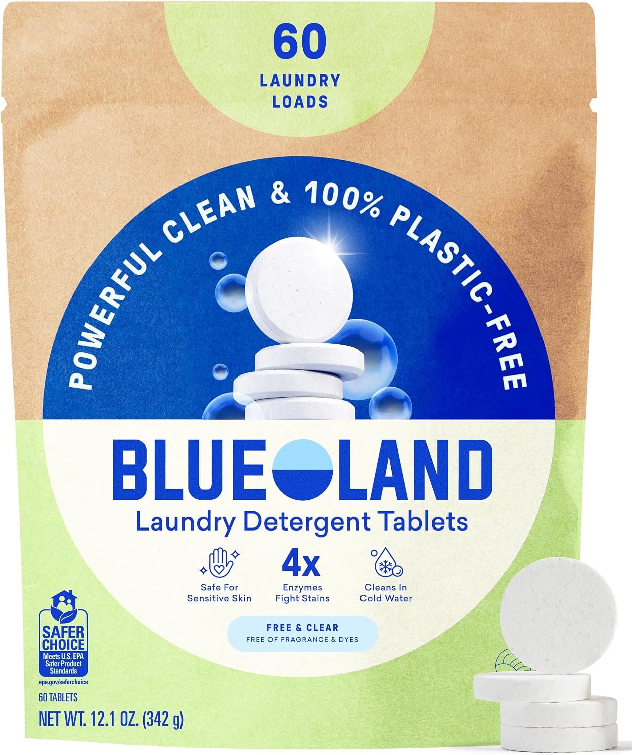 BLUELAND 100% Plastic-Free Laundry Detergent Tablets, 60ct, Free & Clear | Lifts Tough Stains and Odors, Safe for Sensitive Skin, Eco-Friendly Alternative to Pods, Sheets & Liquid, Septic Safe