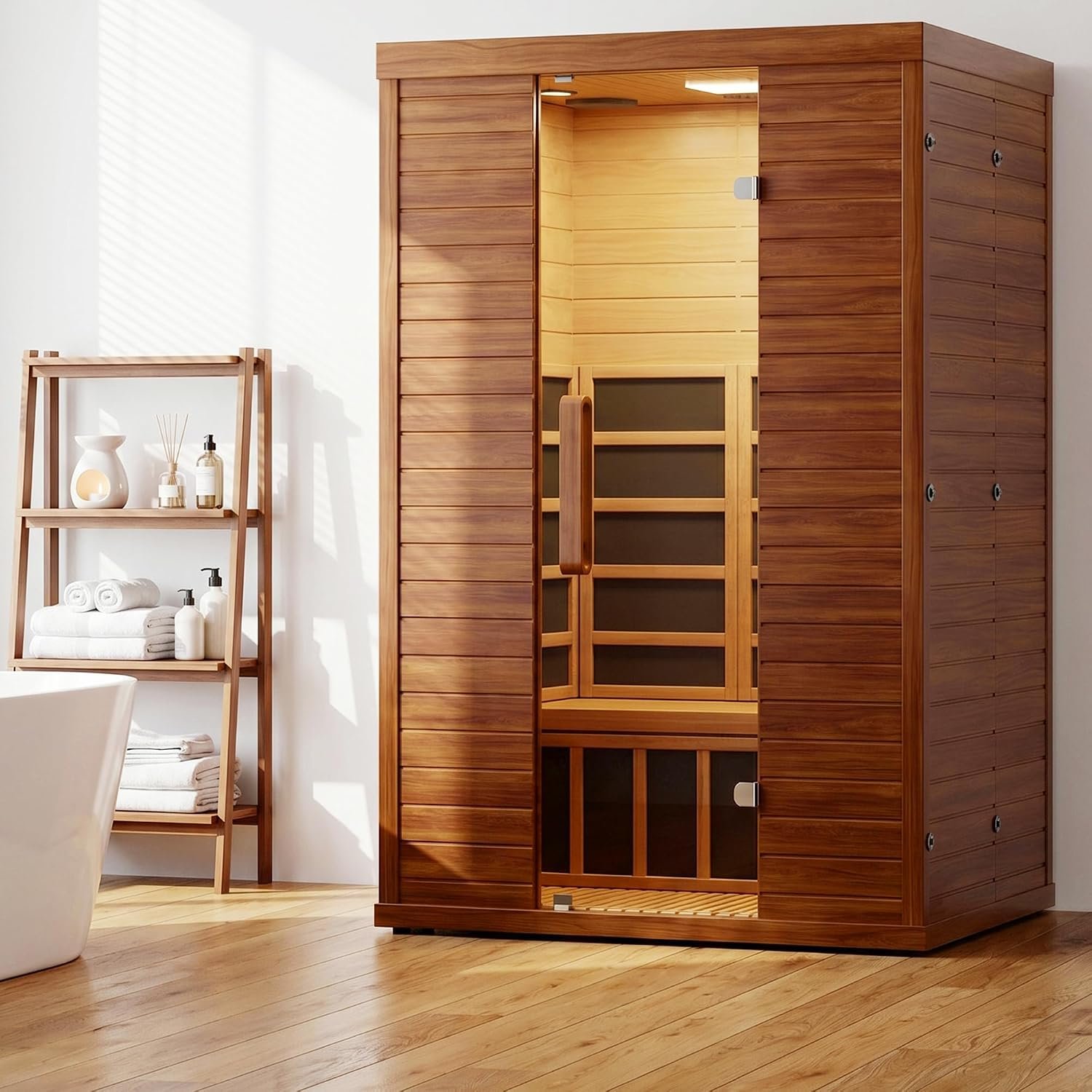 2 Person Infrared Sauna for Home, Low EMF FAR Indoor Wooden Dry Sauna Room with Flame-Retardant Design, WiFi App Control, Bluetooth Speakers, LCD Panel, 1500W/120V