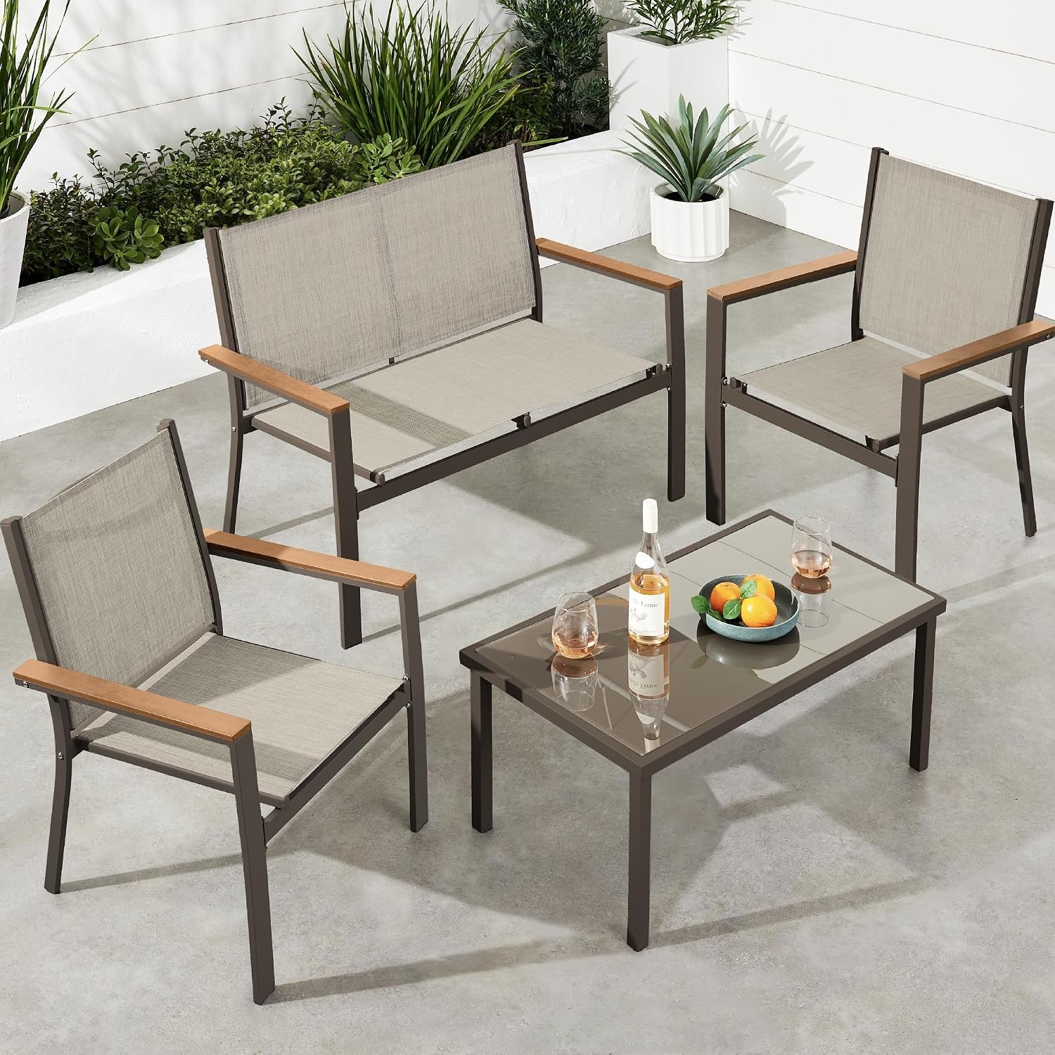 Best Choice Products 4-Piece Outdoor Textilene Patio Conversation Set, Backyard Furniture w/Loveseat, Coffee Table, Steel Frame – Brown/Tan