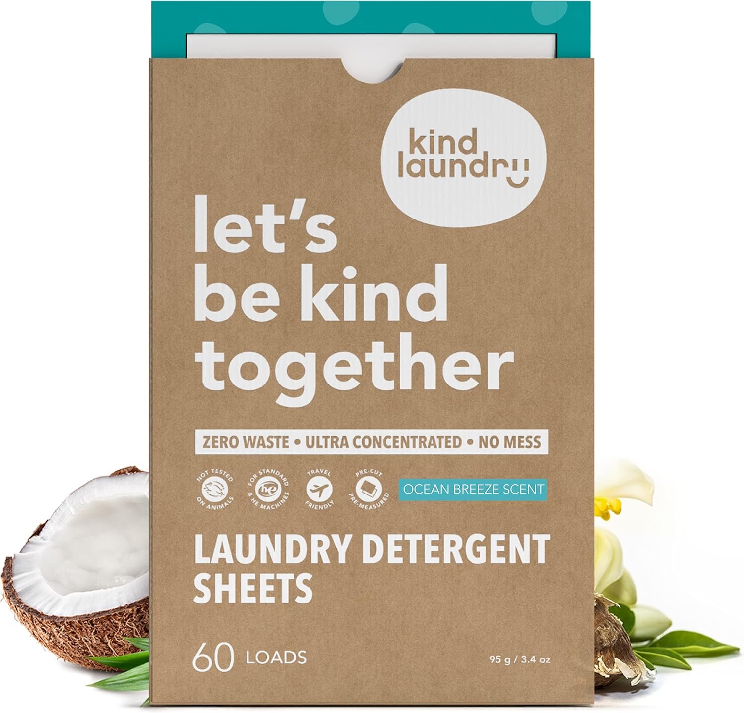Kind Laundry Detergent Sheets, Ocean Breeze Scent, Non-Toxic, 60 Loads | EWG Verified, Plastic-Free Eco Laundry Soap, No Residue, Non-Toxic, Travel & Dorm Friendly