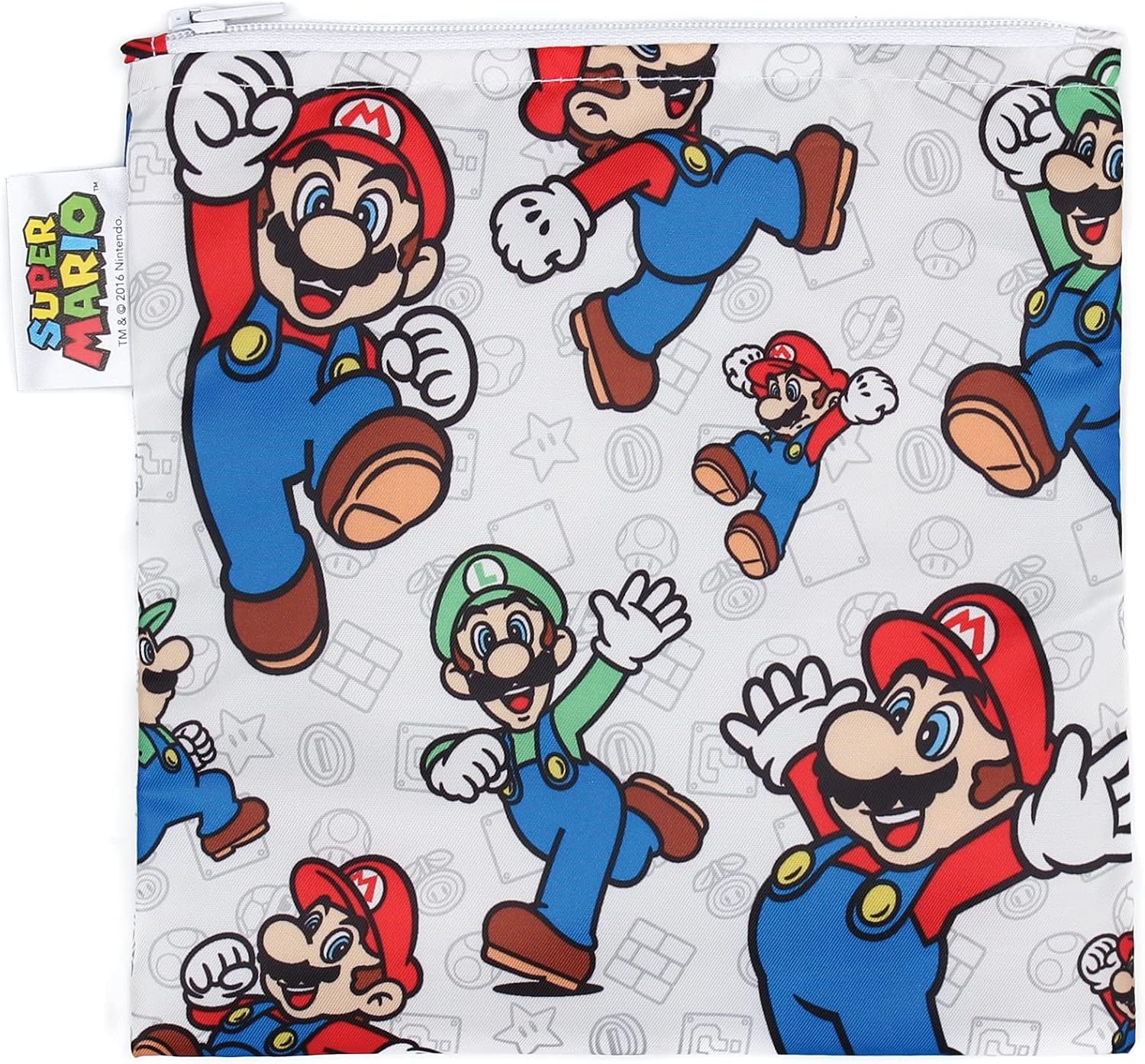 Bumkins Nintendo Reusable Sandwich and Snack Bags, for Kids School Lunch and for Adults Portion, Washable Fabric, Waterproof Cloth Zip Bag, Travel Pouch, Food-Safe, Large, Mario and Luigi