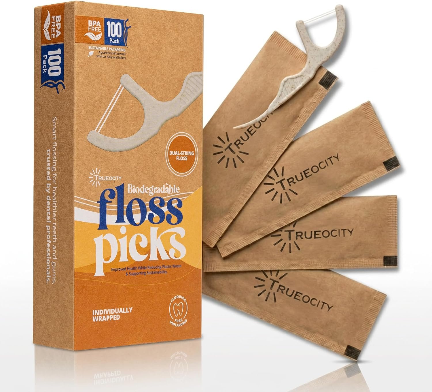 Trueocity Natural Floss Biodegradable Floss Picks 100ct – Double flossers for Adults, Individually Wrapped flossers, Double Thread, Strong, Unflavored, BPA Free, Fluoride Free, Eco Friendly