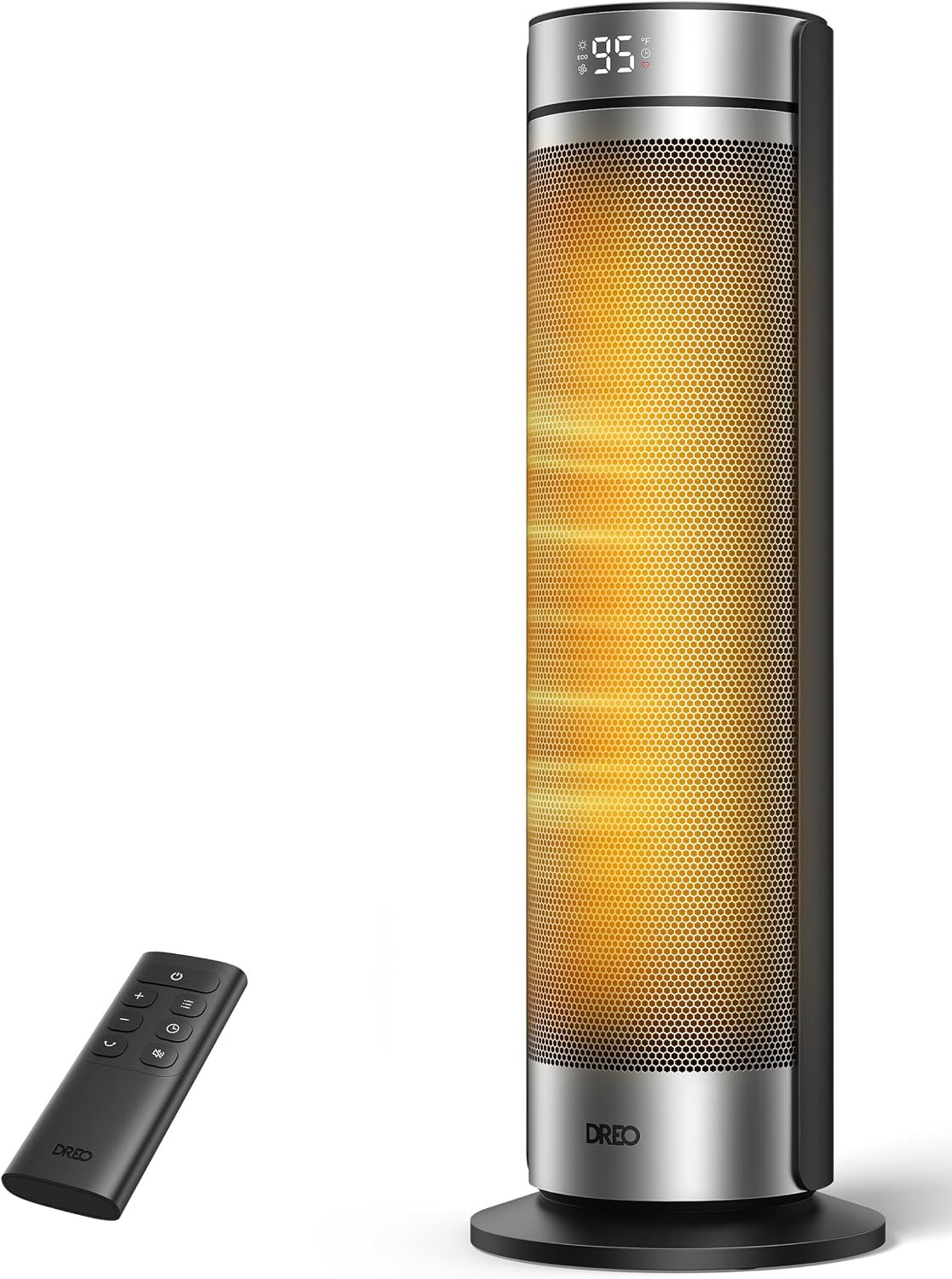 DREO Space Heater for Large Room, Quiet Electric Heaters for Indoor Use ECO | PTC Ceramic with Thermostat and Remote, 70° Oscillation, 8 Safe Protection Tower, Quiet, 12H Timer, Bedroom, Office, Silver