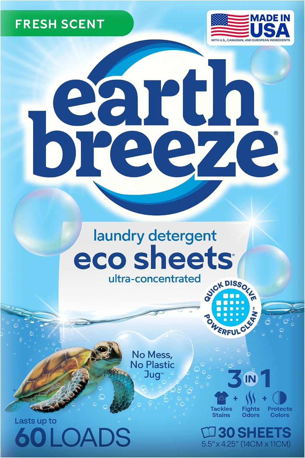 Earth Breeze Laundry Detergent Sheets Fresh Scent 60 Loads | Eco Liquidless Soap – Travel-Friendly for Hot & Cold Cycles, Tackles Tough Stains & Odors – Gentle on Skin