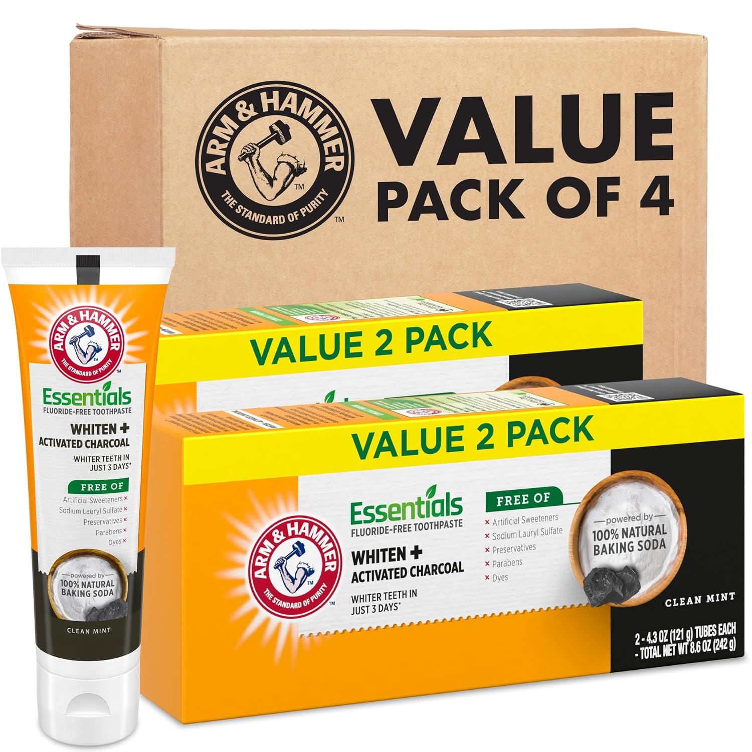 ARM & HAMMER Essentials Fluoride-Free Toothpaste, Whitening + Activated Charcoal Toothpaste, 4 Pack of 4.3oz Tubes, Clean Mint, 100% Natural Baking Soda