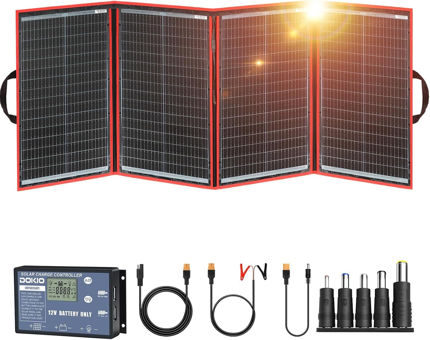 DOKIO 200W Portable Foldable Solar Panel Kit for 12V Battery Charging | Folds to 20 x 27 in and weighs 9.7 lb; includes controller and dual USB; for 12V batteries, power stations and camping.