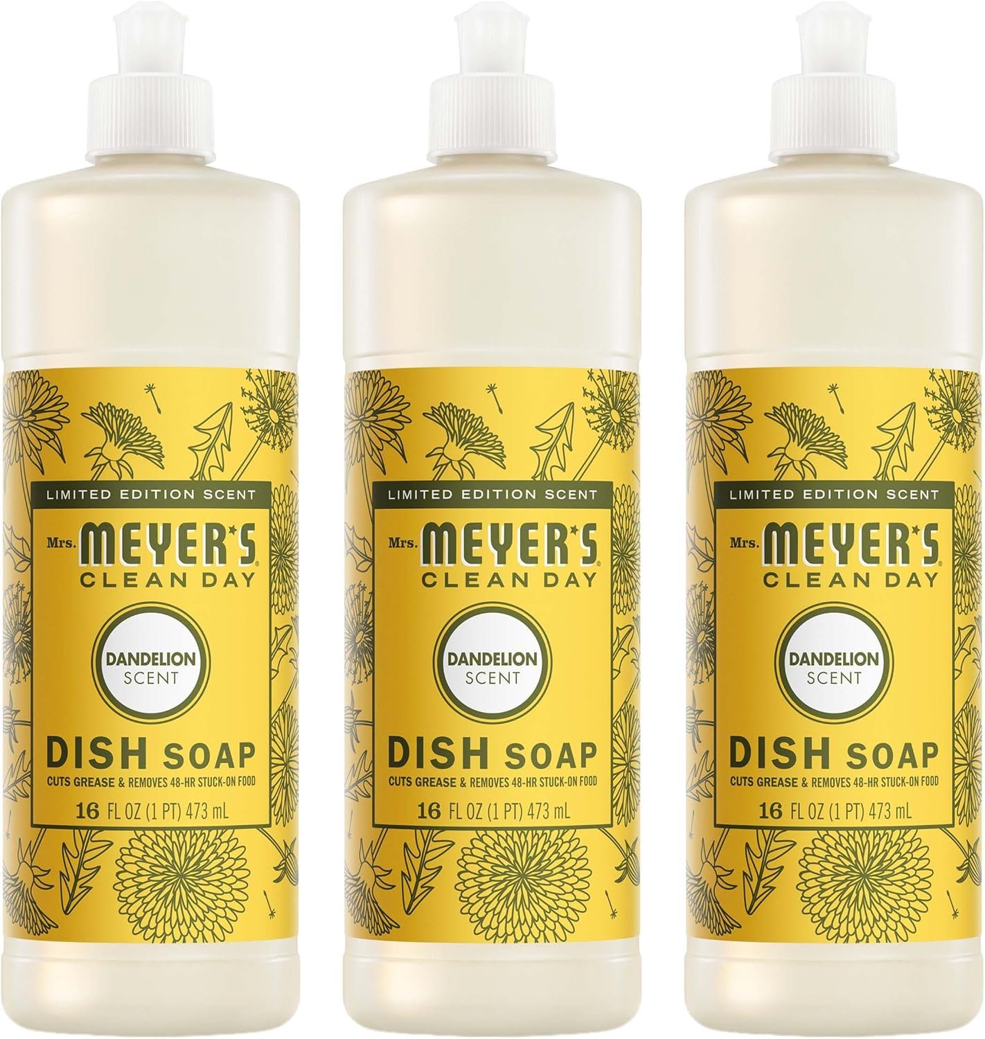 MRS. MEYER’S CLEAN DAY Liquid Dish Soap, Dandelion, 16 fl oz, 3 Pack | Cuts Through Grease, Removes 48-Hour Stuck on Food, Cruelty Free, Made with Essential Oils and Aloe Vera Extract