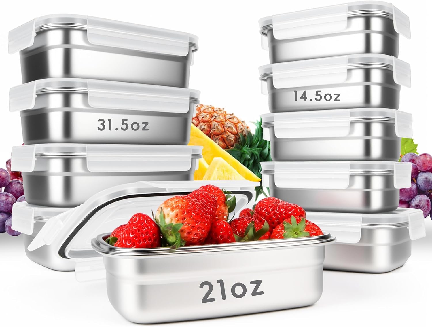 10PCS 304 Stainless Steel Food Storage Containers with Airtight Leakproof Lids, Stackable Bento Lunch Box for Meal Prep, Reusable Metal Containers, Oven/Dishwasher/Freezer Safe(31.5/21/14 Oz)
