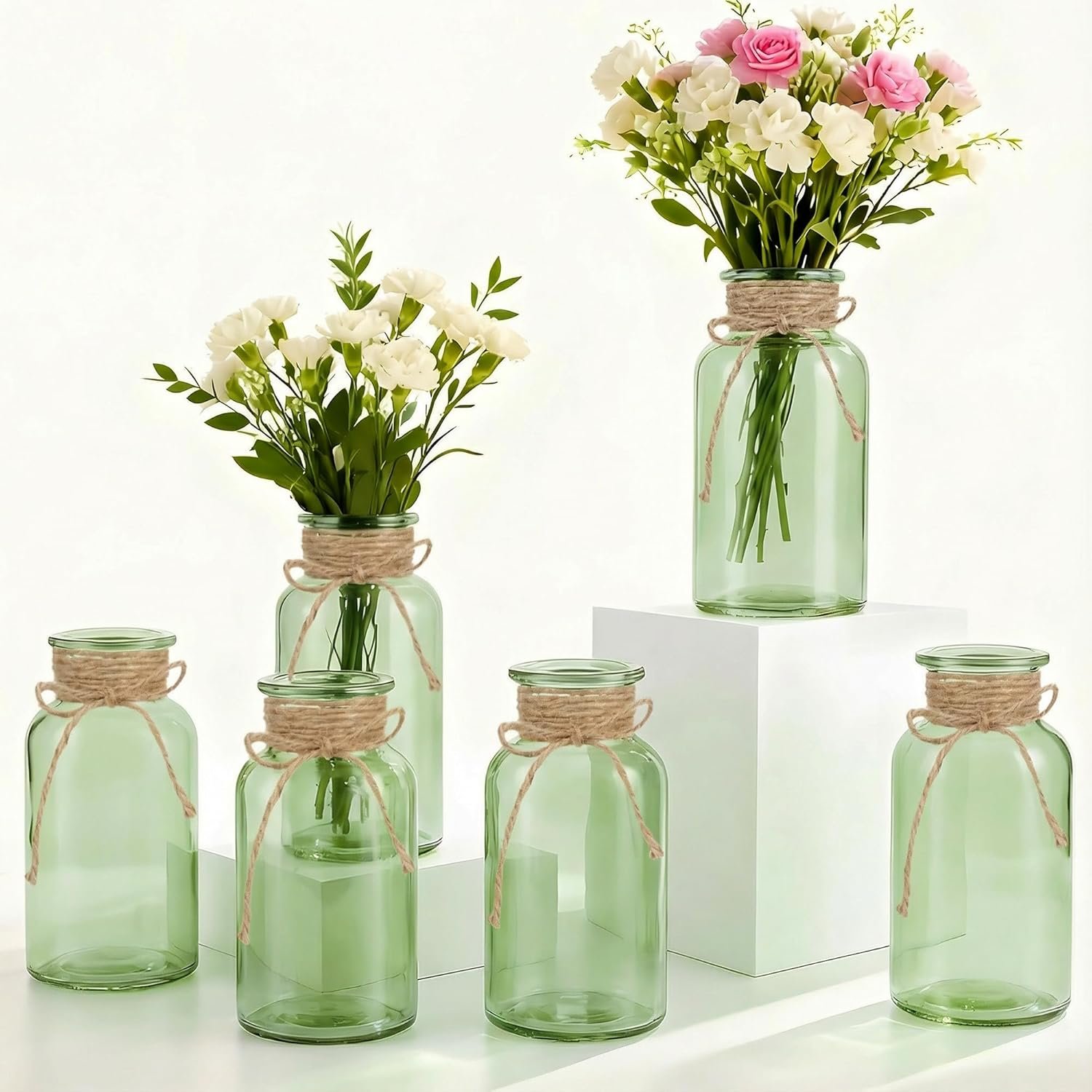 6 Pack Mason Jar Vases for Centerpieces, Green Glass Flower Vase | Vintage Farmhouse Rustic Decorative Jars for Wedding Party Baby Shower Table Decor, Wide Mouth Mason Jars with Twine Bulk