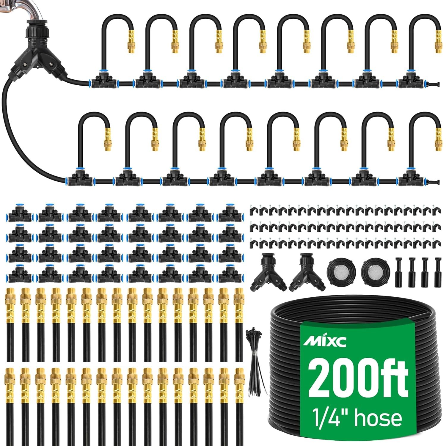 MIXC 200Ft 1/4″ Drip Irrigation System,2026-Upgrade Garden Irrigation Kit with 32pcs Adjustable Copper Nozzles, Atomizing Watering System for Outdoor Plants,Raised Bed,Yard,Potted Plant,Lawn