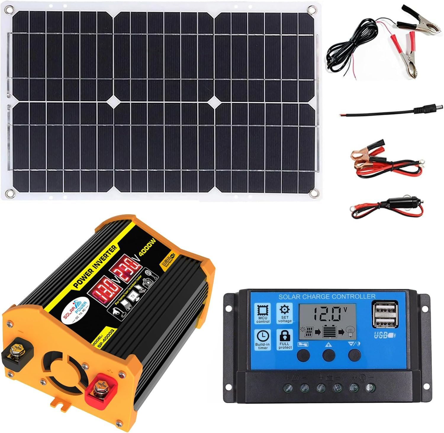 4000W 12V to 110V/220V Inverter Power Generation kit, Suitable for Sheds and Homes, high-Efficiency Solar System, Emergency Power Generation, Equipped with a 30A Controller and 18W 18V Solar Panels.