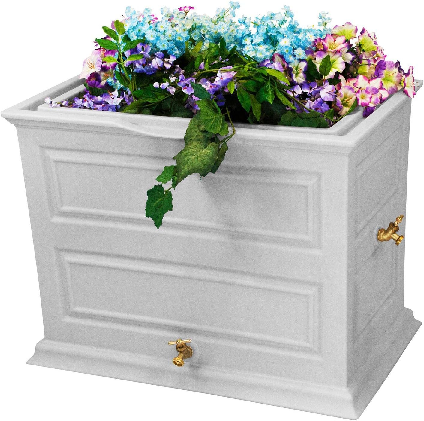 Savannah Colonial Style Rain Saver with Planter Top, 42 Gallon | Light Gray Rainwater Catcher, Water Collection Barrel with Garden Planter and Dual Metal Spigots