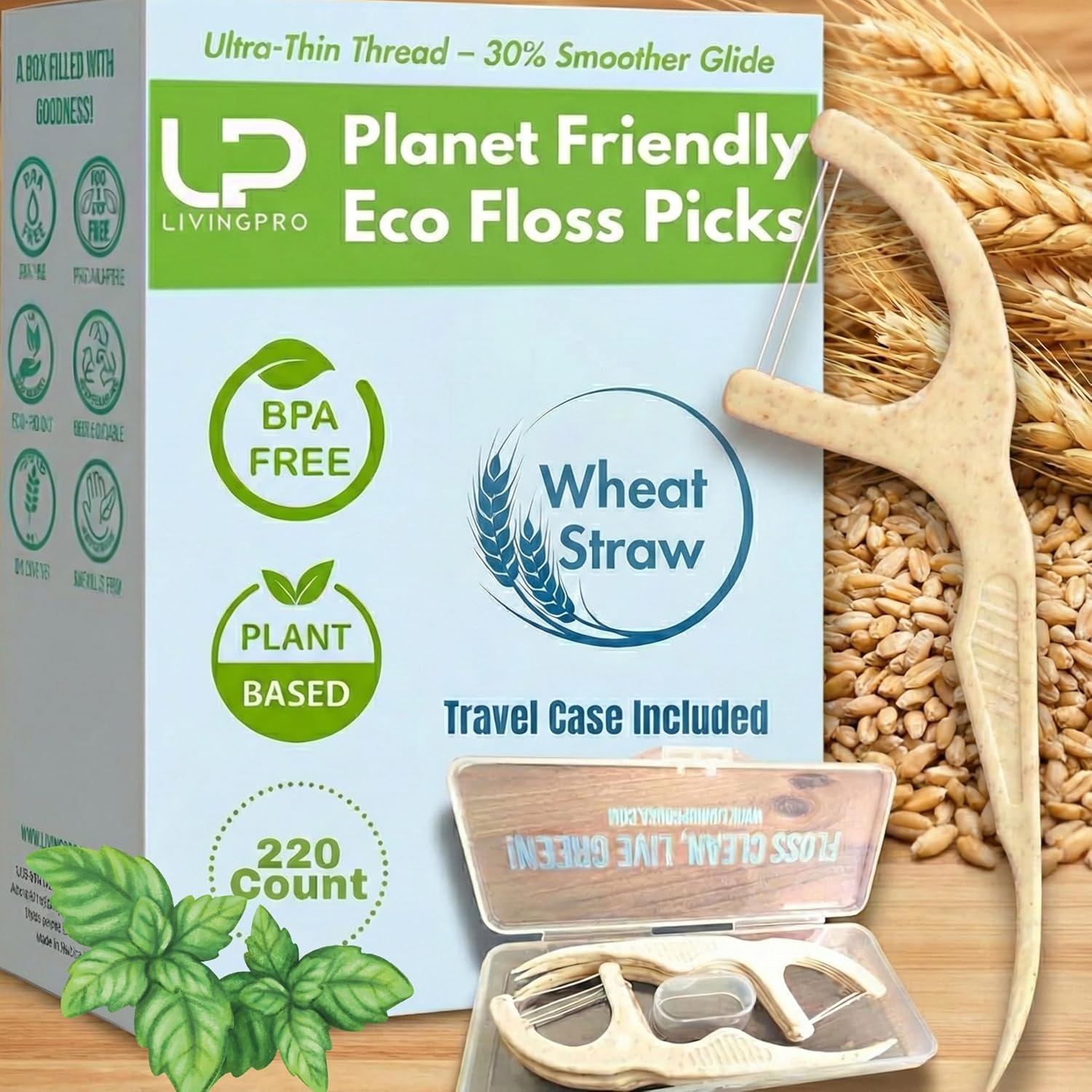 Twin Line Dental Floss Picks (220 Count) – Tooth Flossers Made with Wheat-Straw, Double Thread for 2X Clean, Minty Fresh, Smooth Glide, Shred-Resistant Floss | Travel Case Holds 10 Picks