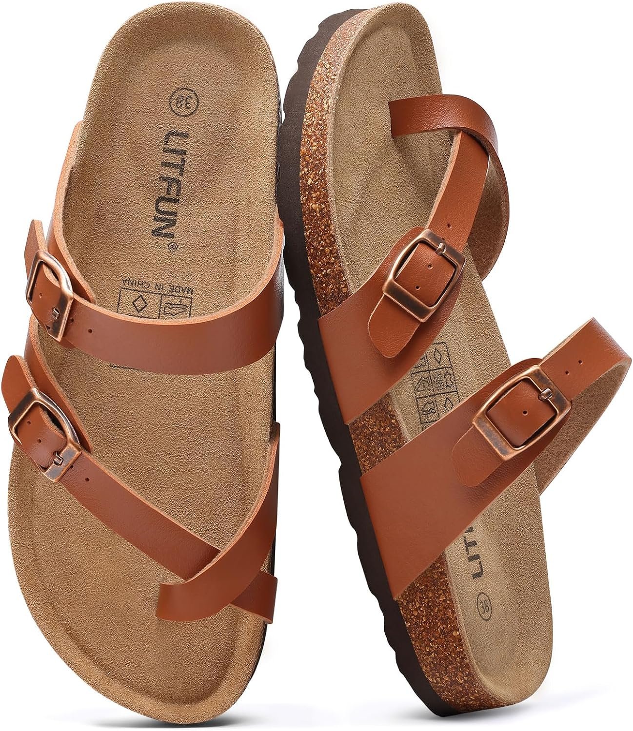 Litfun Women’s Cork Footbed Sandals Comfortable Leather Summer Slides | Toe Loop, Arch Support, Slip On, Adjustable Buckle, Non-slip Rubber Sole, Comfy, Cushioned, Fashion, Casual