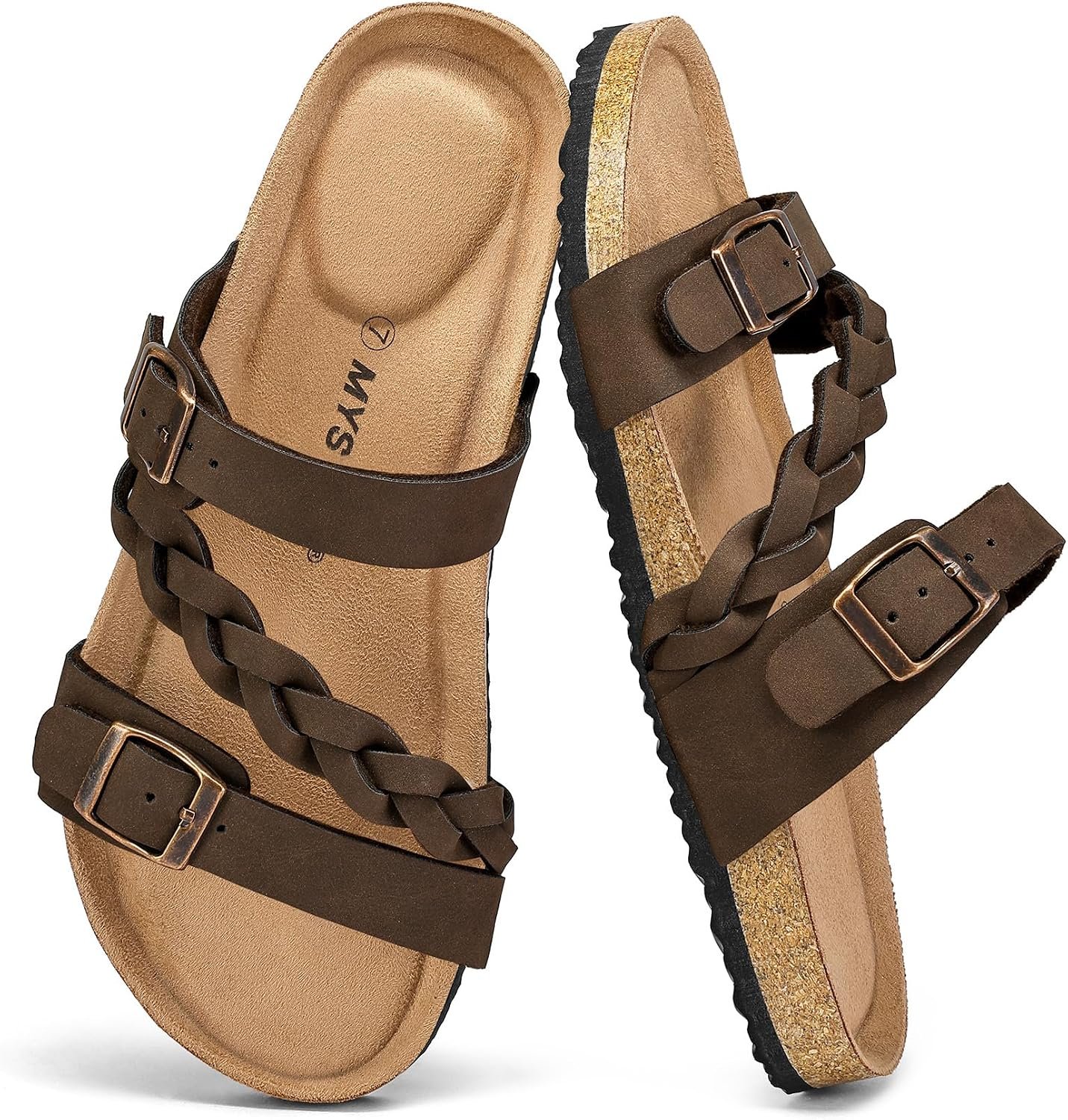 mysoft Womens Braided Cork Footbed Slide Sandals | Lightweight Flat Sandals Adjustable Buckle Slides Slip-On Summer Shoes