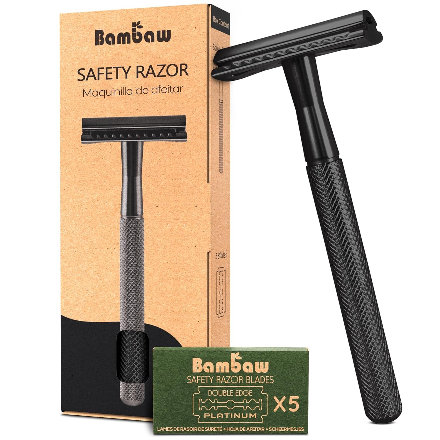 Bambaw Safety Razor for Men with 5 Blades, Double Edge Safety Razors for Men, Sustainable Single Blade Razor, Zero Waste Metal Razors – Black