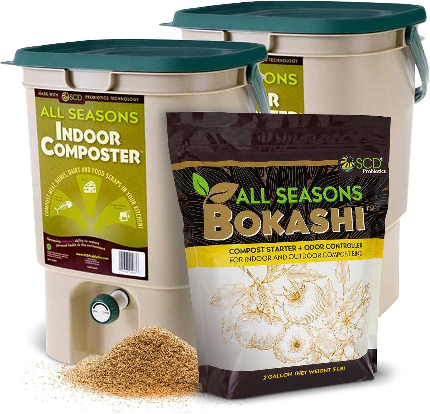 All Seasons Indoor Composter Starter Kit – Two Family-Sized Composting Bins for Kitchen Countertop and Bokashi Bran Starter 5 lb (2 gallons), Easily Compost Food After Every Meal, Odor Free | Compost Meat Bones Dairy, Makes Compost Tea Fertilizer, Kitchen Compost Bin with Lid, Includes 2 lb Bokashi Bran, Recyclable