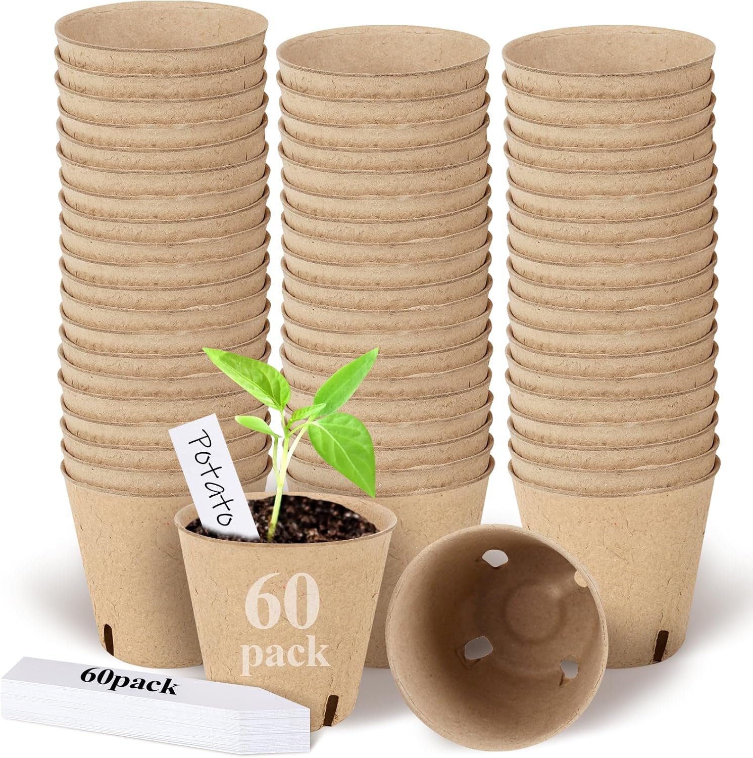 Peat Pots,60 Pcs 3.15 Inch Seed Starting Pots with Drainage Holes Round Nursery Plants Pots with Bonus 20 Plant Labels (3.15 Inch)