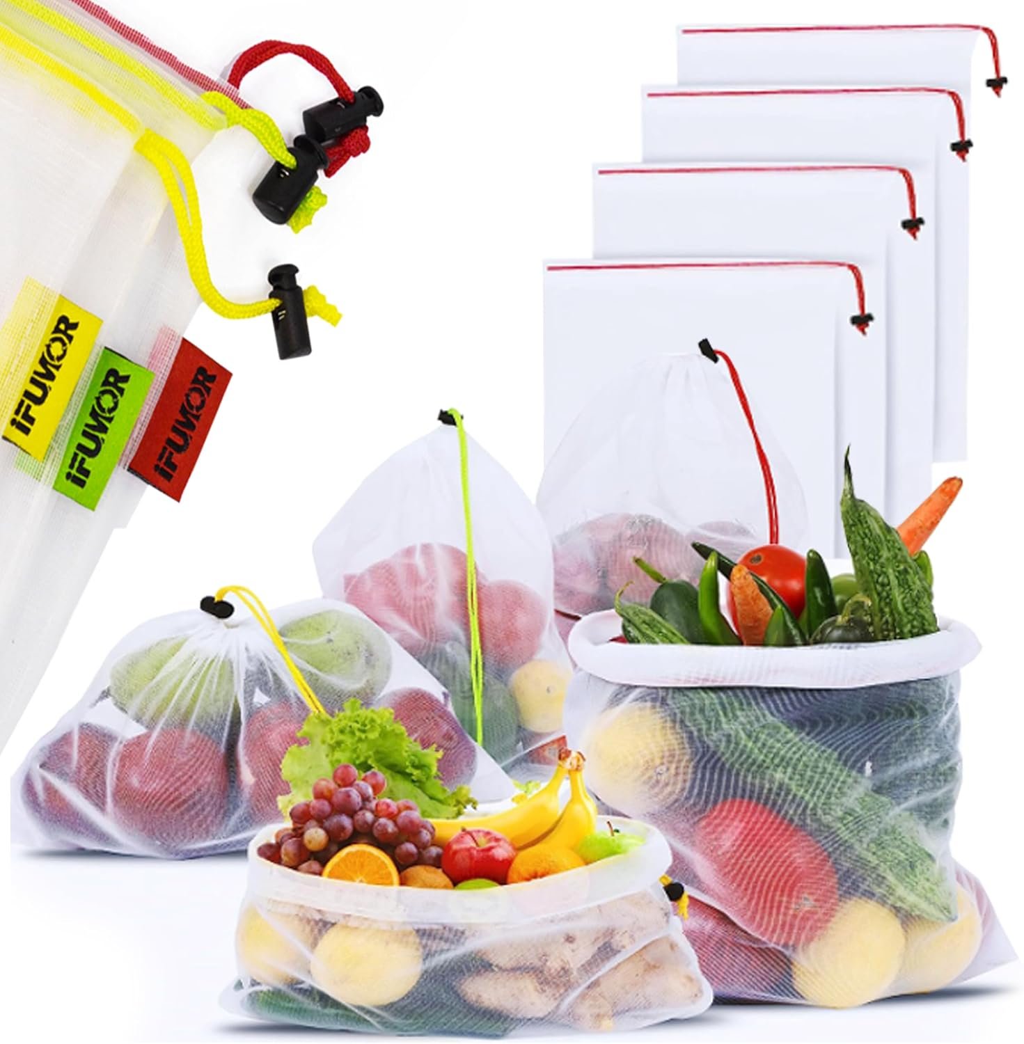 15-Pack Reusable Produce Bags Heavy Duty, Washable Mesh, Drawstring, Eco-Friendly