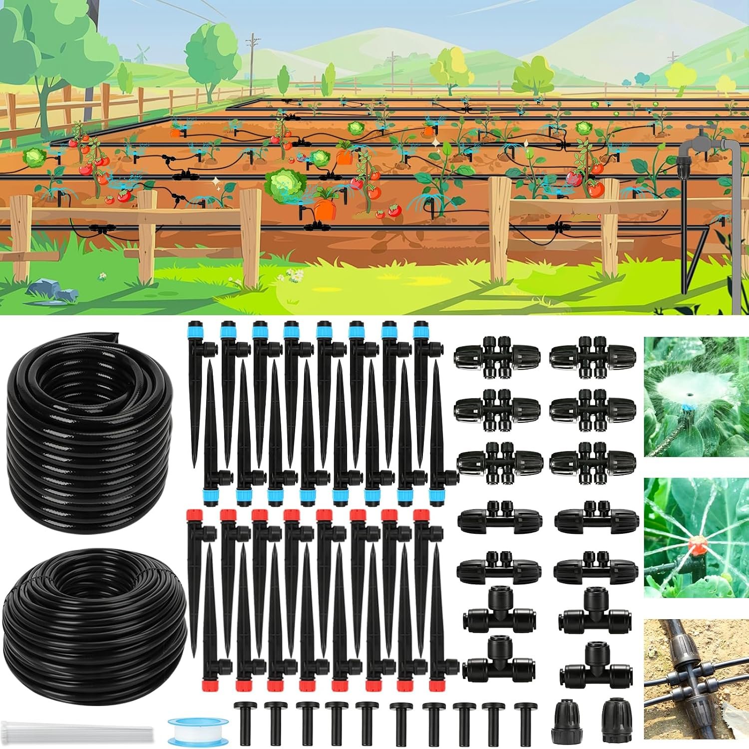 250FT Drip Irrigation System Kit, 50FT 1/2″ Main Tube & 200FT 1/4″ Tubing, Quick Connect Design, Brass Splitter, Adjustable Emitters & Misting Sprayers for Garden, Lawn, Raised Beds, Outdoor Plants