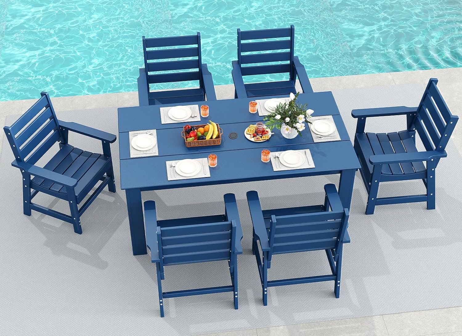 GREENVINES 7-piece Outdoor Dining Set, HDPE Table & 6 Chairs, Blue | Heavy Duty Patio Furniture | All Weather | w/ Umbrella Hole | Waterproof | Low Maintenance for Deck Garden & Backyard
