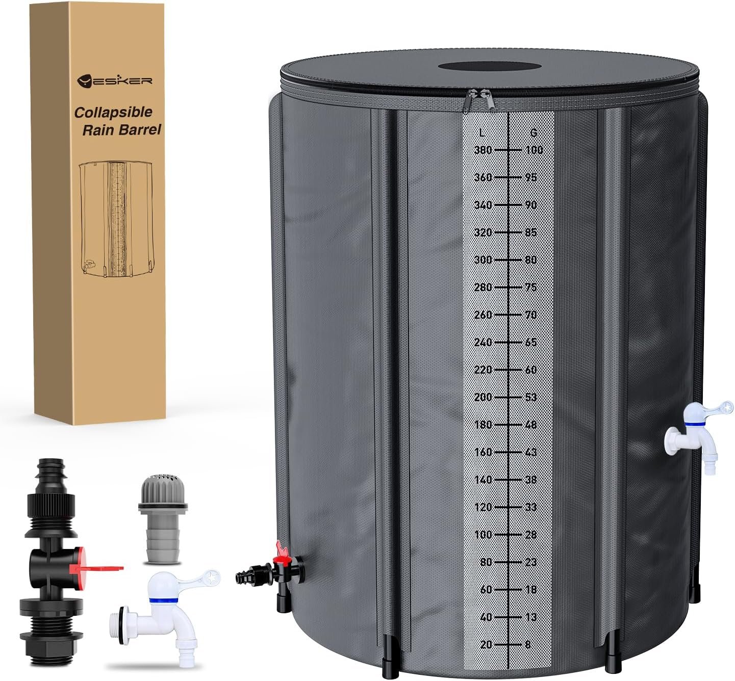 Yesker Collapsible Rain Barrel, 100 Gallon Portable Rainwater Collection System, 550D PVC Water Storage Tank, Rain Catcher with Spigots Filter Overflow Kit, Grey