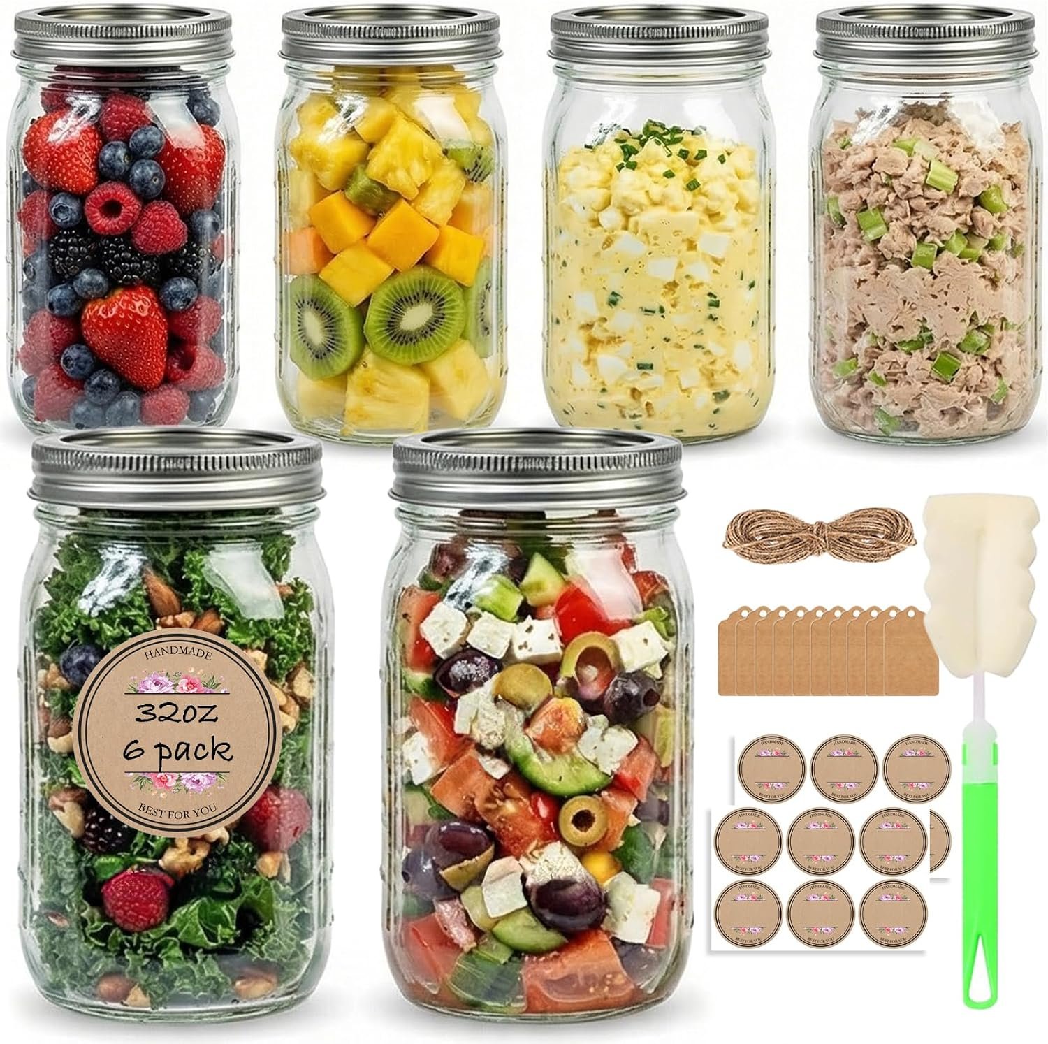 32 oz Wide Mouth Mason Jars with Airtight Lids and Bands, 6 Pack Quart Glass Canning Jars for Pickling, Meal Prep, Overnight Oats, Storage & DIY Crafts