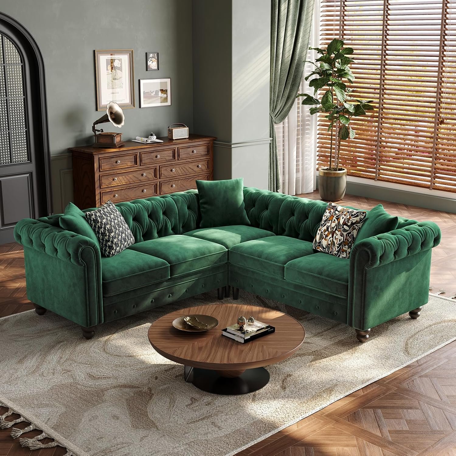 Velvet Chesterfield Sofa, L-Shaped Sectional Sofa with Tufted Back | 5-Seater Sofa with Rolled Arms, 3 Throw Pillows, Small Corner Sectional Couch for Living Room, Apartment, Green