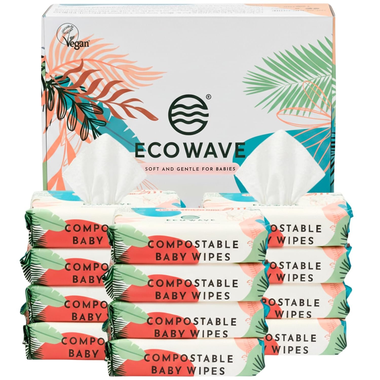 Eco Wave Baby Wipes, 100% Compostable Eco-Friendly Bamboo Wipes, Unscented, Hypoallergenic, Vegan, Alcohol-Free, Suitable For Sensitive Skin