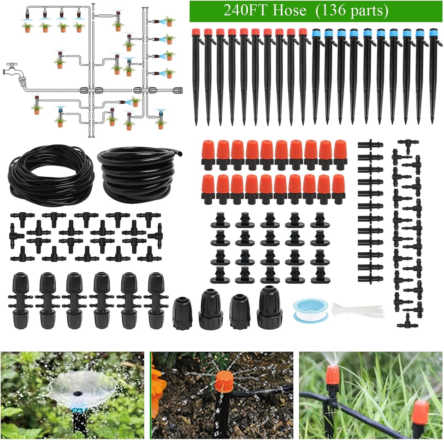 Maotong 240FT Drip Irrigation System Kit, Automatic Garden Watering Misting System for Greenhouse, Yard, Lawn, Plant with 1/2 inch Hose 1/4 inch Distribution Tubing and Accessories