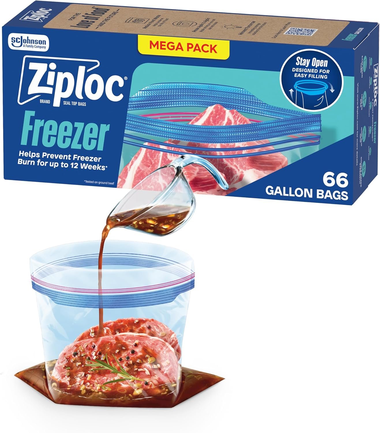Ziploc Gallon Food Storage Freezer Bags, Stand-Up Bottom, Easy to Fill, 66 Count
