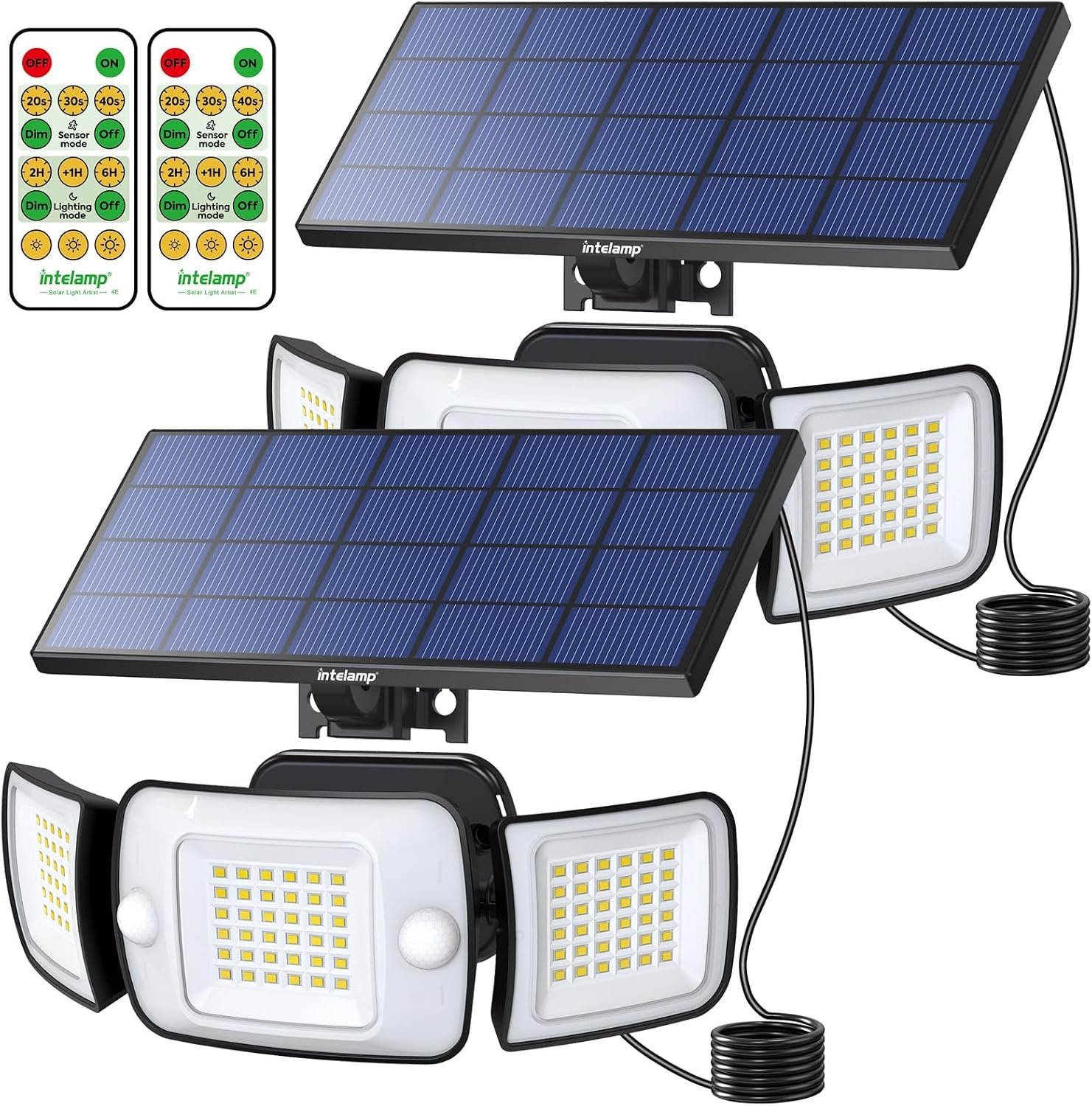 3-Head Solar Flood Light with Motion Sensor & Remote Control 2Pack | 2 Control Modes(Remote&Button), 180°Sensing Range, Separate Panel with 9″ Cable for Shaded Eaves, Balconies, Garage & Garden