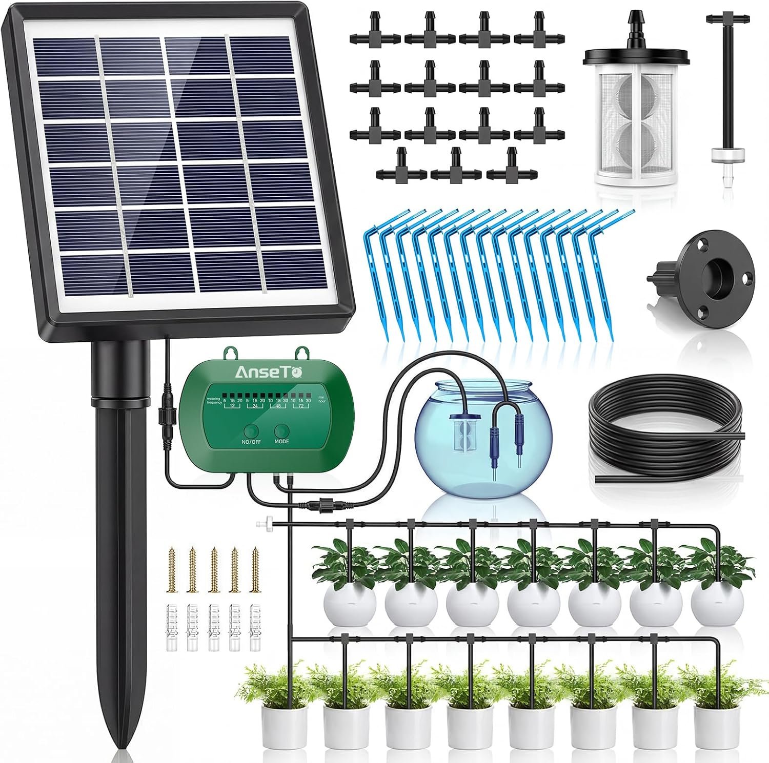 Solar Drip Irrigation System, Split Automatic Watering for Balcony | AntiSiphon Valve and 12 Modes Garden Faucet Controller with 49ft Hose, Intelligent Plant Hydration Device for 15 Potted Patio