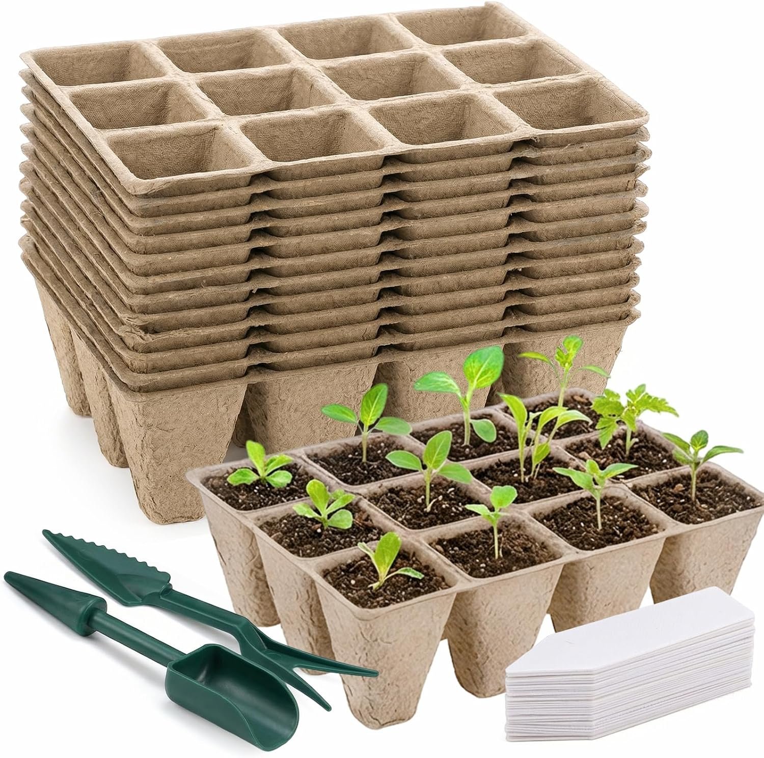 Prudiut 144 Cells Seed Starter Tray, 12 Pack Biodegradable Peat Pots Kit | Plant Starter Kit for Seedlings with 50 Labels & Transplanting Tools, Germination Cups for Vegetables, Flowers, Herbs