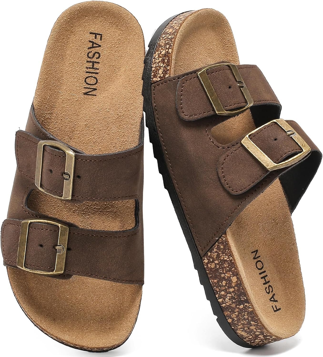 Women’s Cork Footbed Sandals – Comfortable Summer Slides with Memory Foam & Arch Support, Adjustable Double Buckle Sandals for Vacation & Outdoor Wear