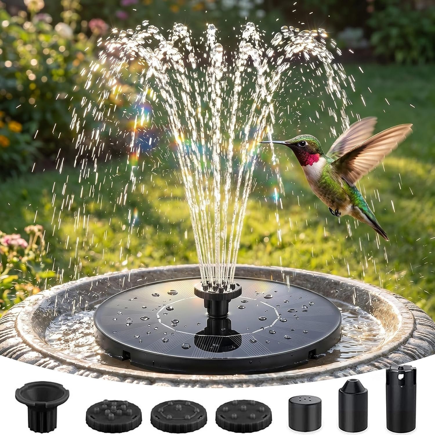 Solar Fountain for Bird Bath, 2026 Upgrade 1.4W Solar Water Fountain Pump with 7 Nozzles, 4 Fixed Pipes, Outdoor Standing Floating Solar Fountain for Garden, Ponds, Pool, Fish Tank, 6.3 Inch