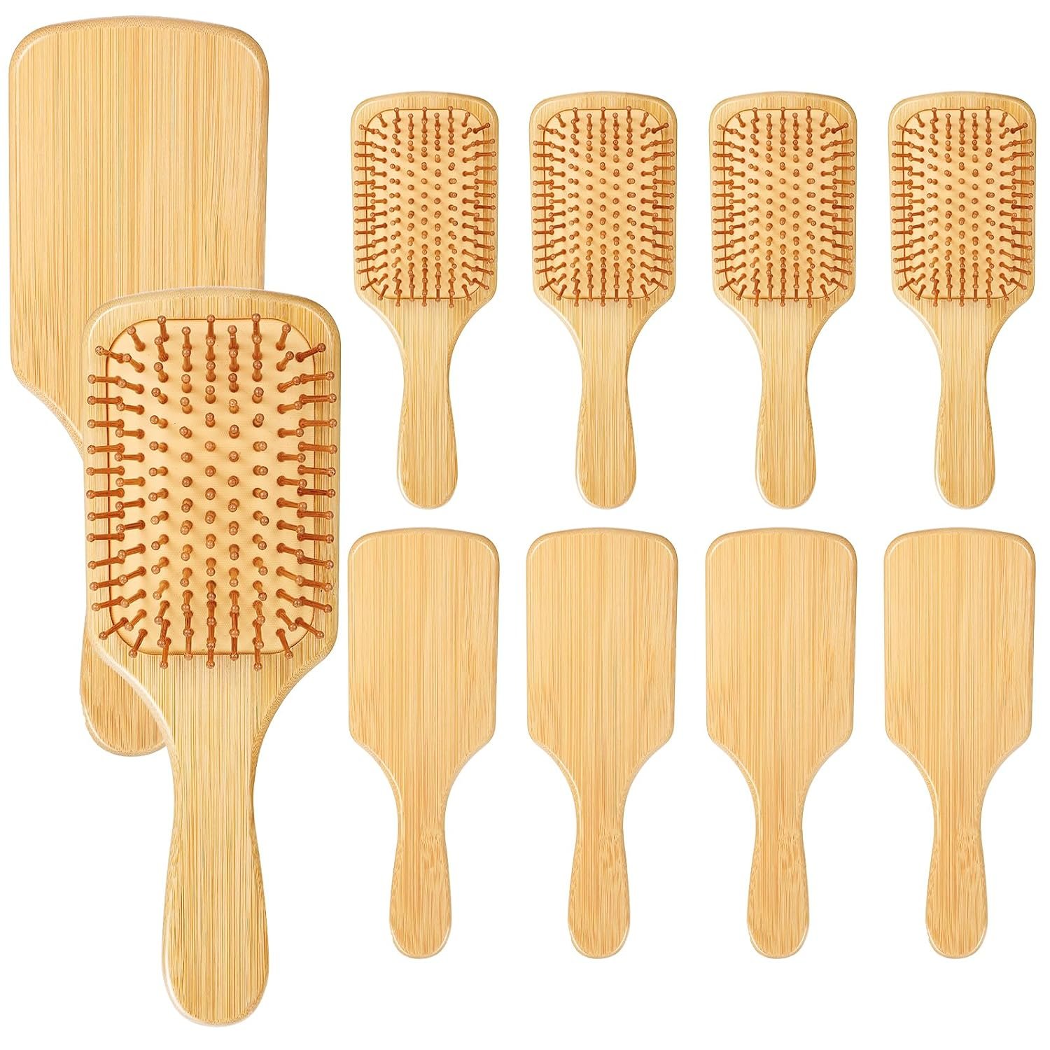 10 Pcs Bamboo Hair Brush, Bulk Round-tipped Bamboo Bristles Detangling Brush Paddle Mini Wood Hairbrushes, Lightweight Massage Anti Static for Women Men, Stimulates Scalp for Hair Growth, 9.84 × 3.4”