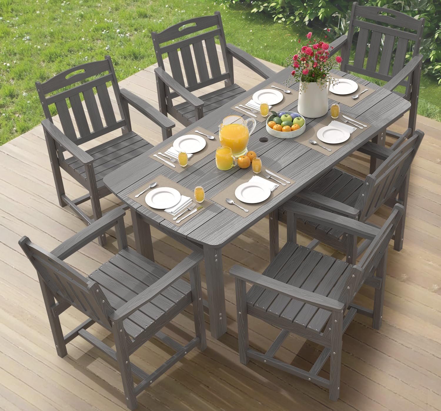 HDPE Outdoor Dining Set of 6, Patio Table and Chairs Sets, Grey | 7-piece heavy-duty all-weather patio furniture set with 2″ umbrella hole. Ideal for deck, backyard, poolside, lawn & garden.