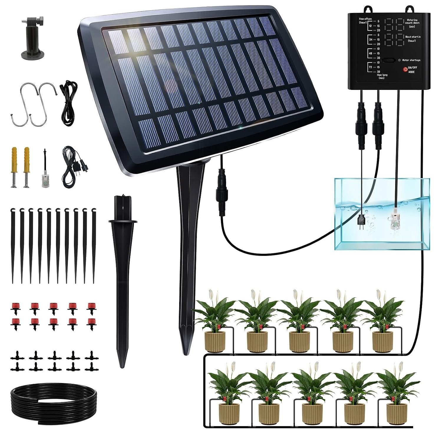 15 Pots Drip Irrigation System, Solar Auto Watering Kit with 49FT Tubing & 15 Drippers, Smart Timer & Water Level Alarm, Stop Plants Withering, for Patio Greenhouse Balcony Garden