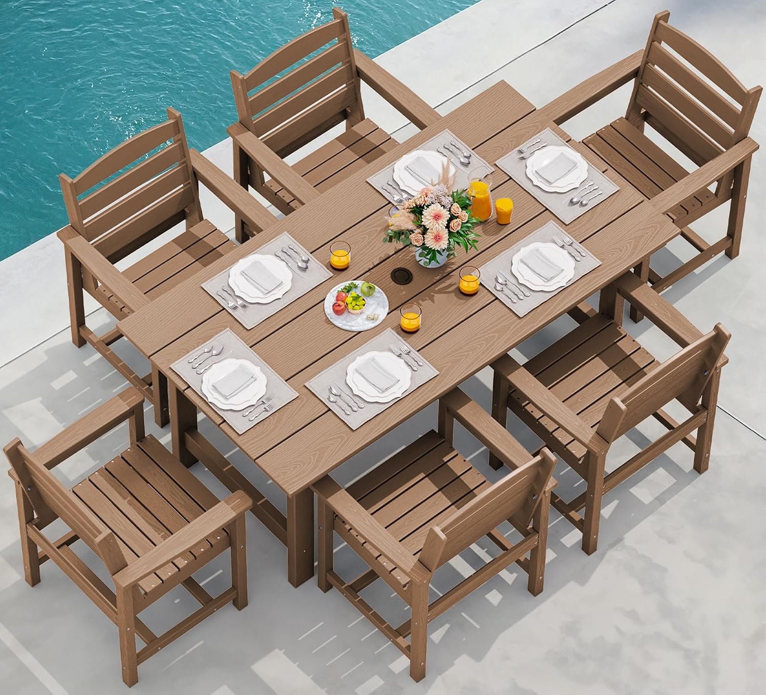 SERWALL 7 Pcs Outdoor Dining Set, 1 Umbrella Hole Table & 6 Chairs, Brown | HDPE Outdoor Dining Furniture with Rectangular Table & 6 Chairs, All-Weather Resistant SERWALL Dining Set for 6